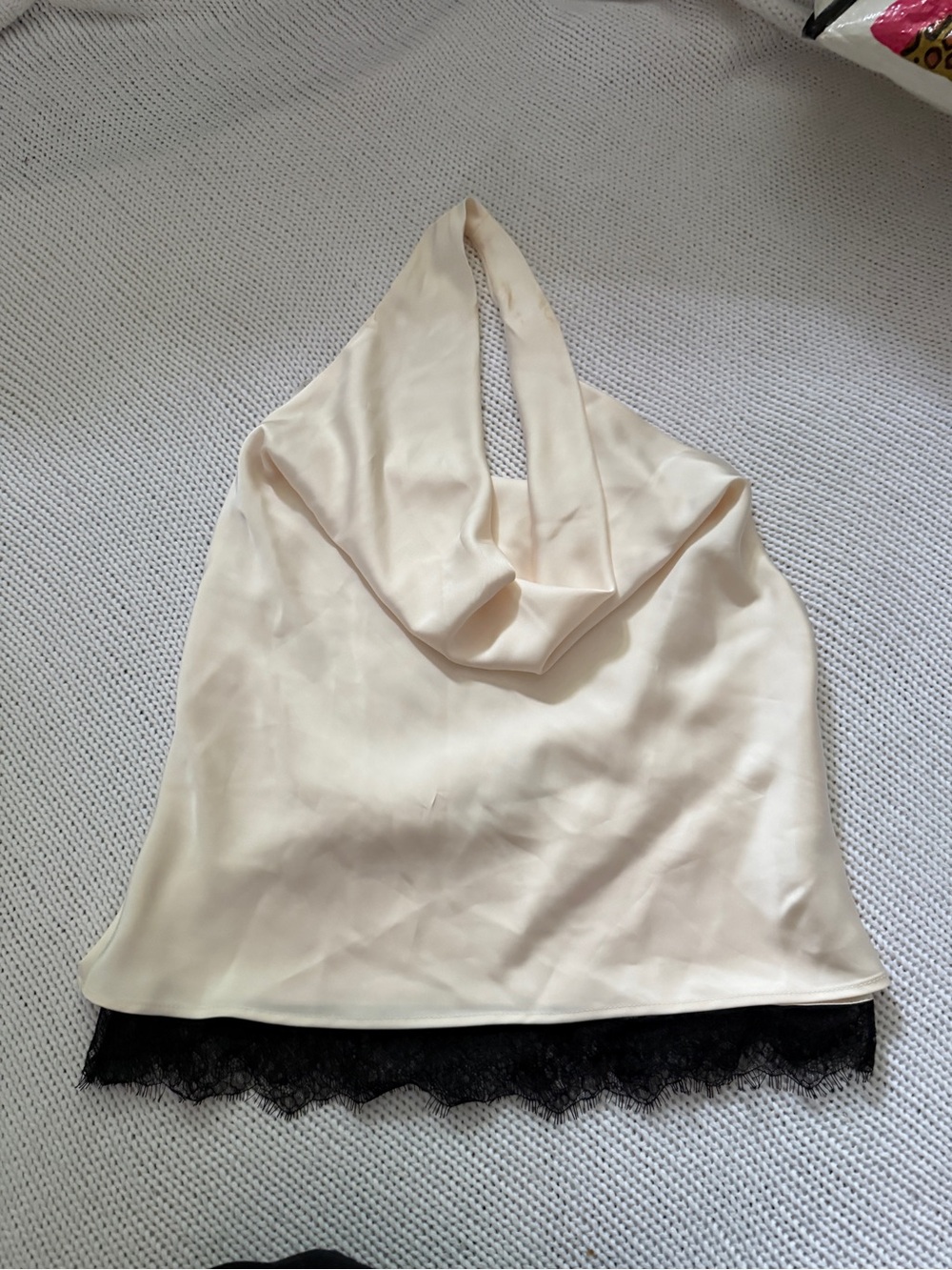 Zara Cream Satin Cowl Neck Halter Top with Black Lace Trim